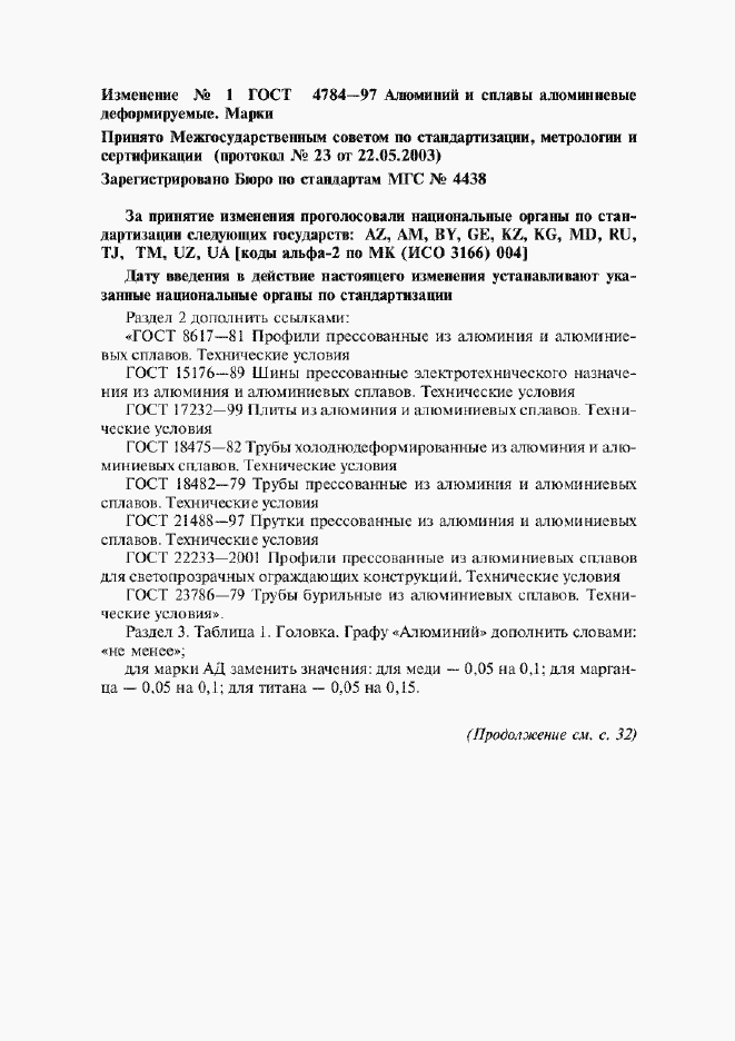 Изменение №1 к ГОСТ 4784-97